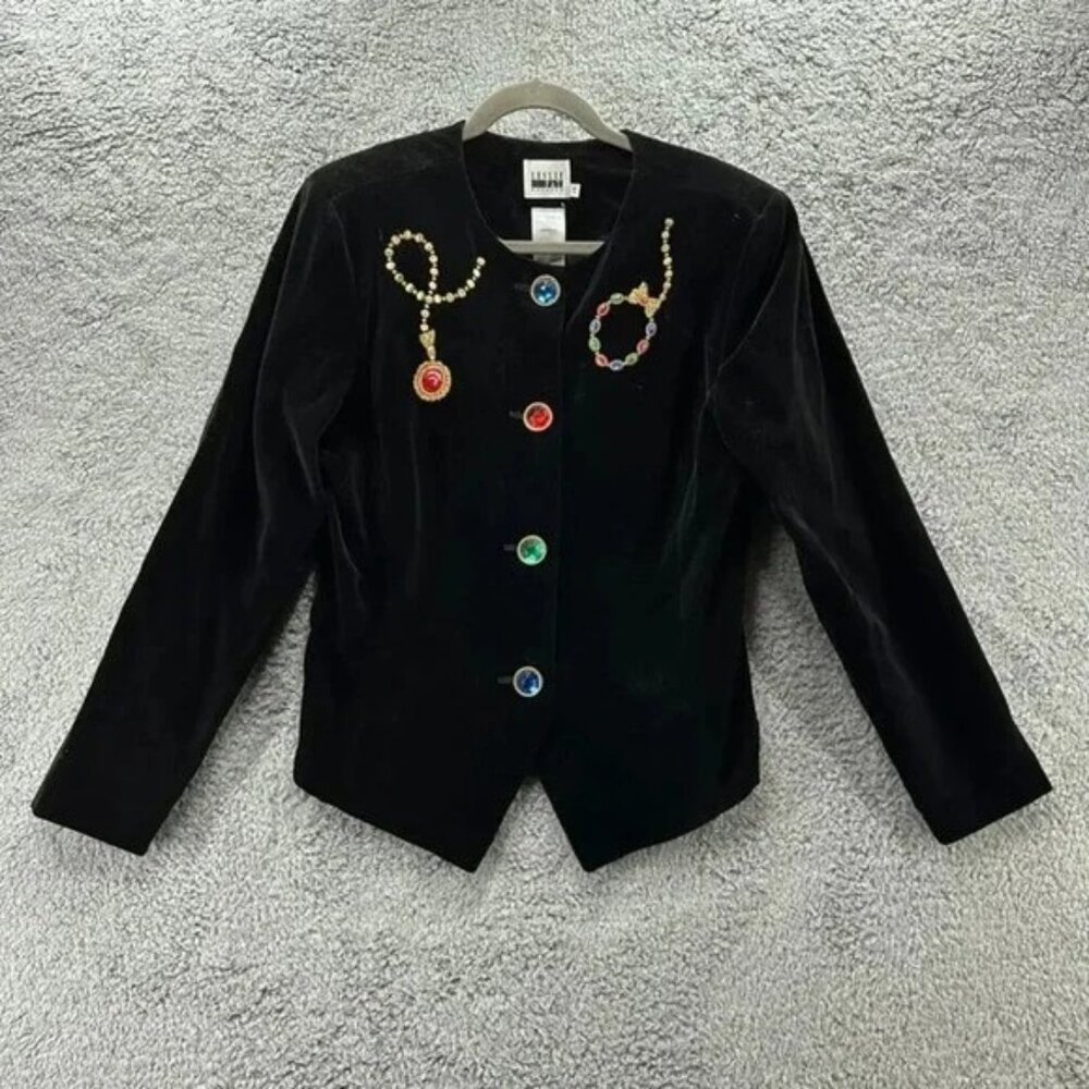 Leslie Fay Size 14 Vintage Velvet Black Jacket Jeweled‎ Accents Buttons Fabulous